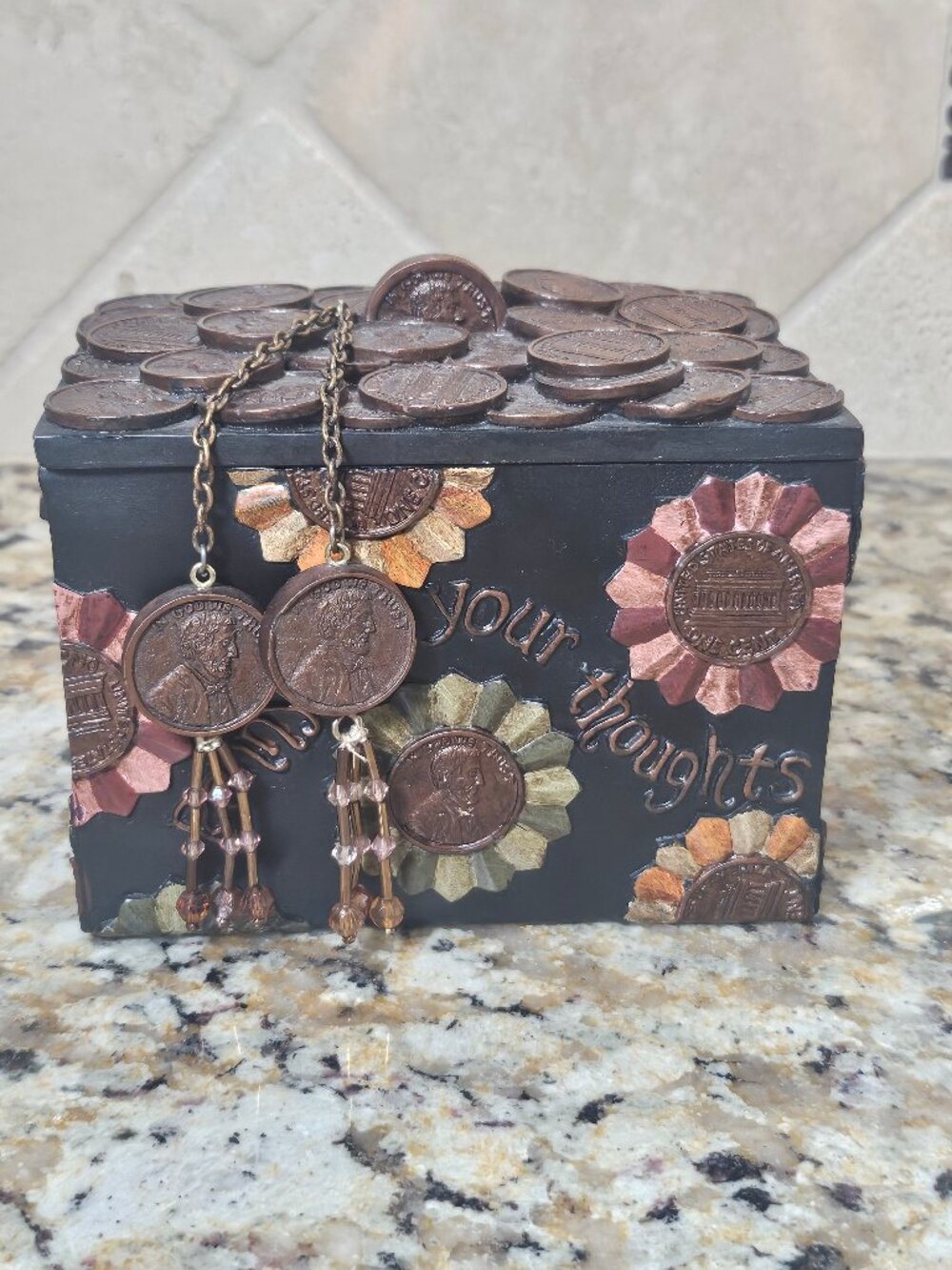 Penny For Your Thoughts Resin Trinket Box. 5" x 3.5" x 4.5"
